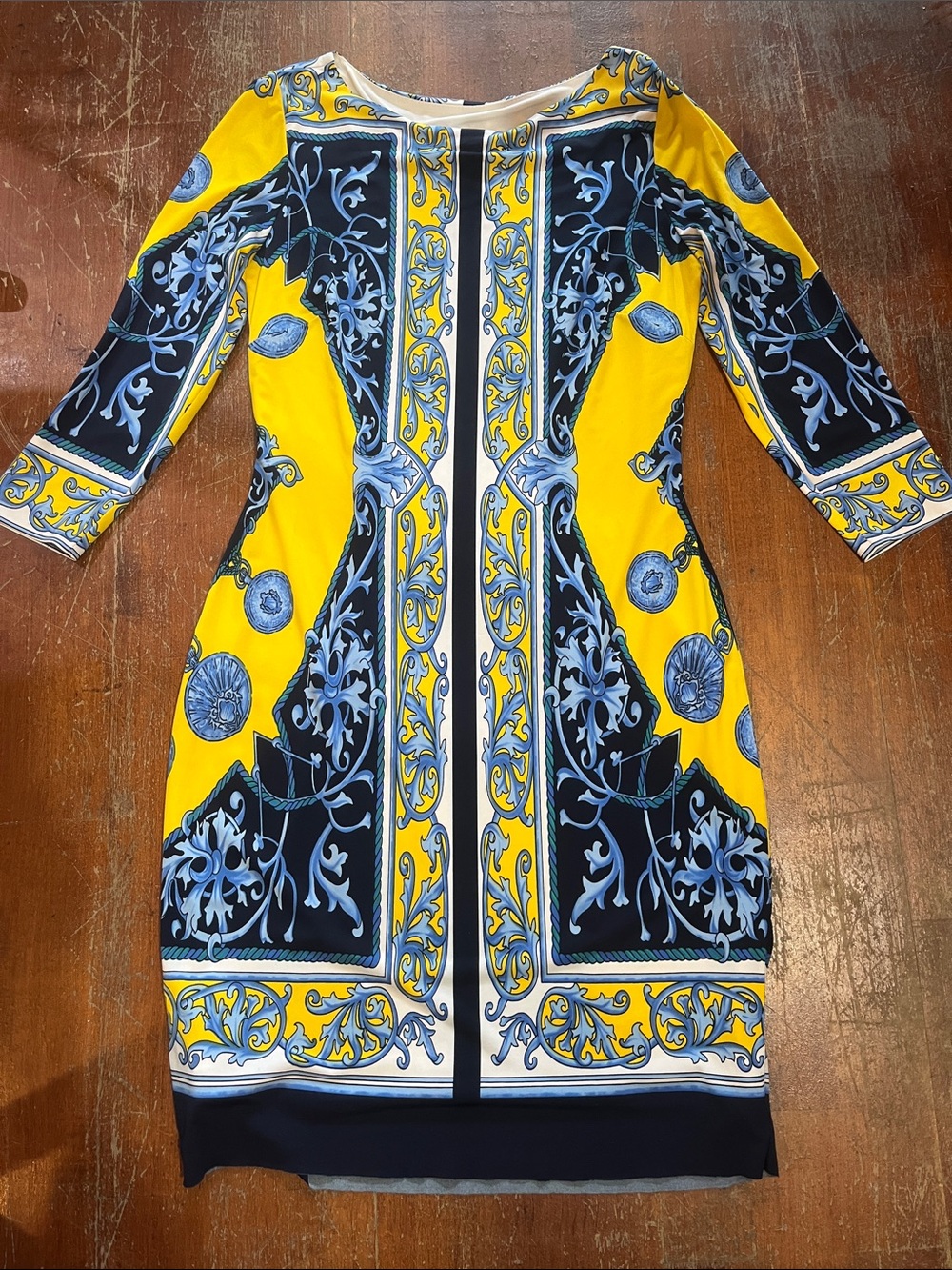 Cache Yellow Navy Baroque-Print 3/4 Sleeve Sheath Dress